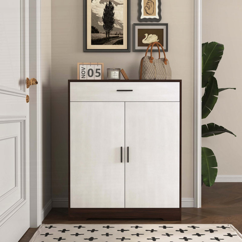 Armoire de rangement à chaussures en bois à 4 niveaux avec tablettes réglables et tiroir, Noyer