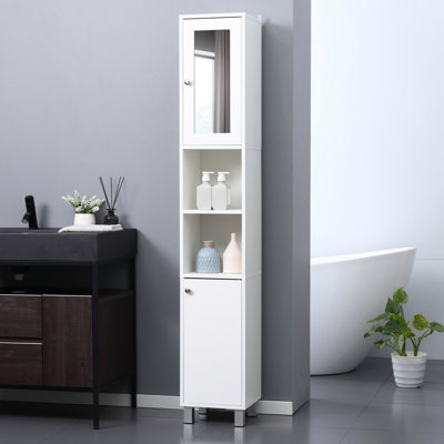 Grande armoire de rangement pour salle de bain avec miroir, armoire autoportante en bois avec tablettes réglables Kleankin