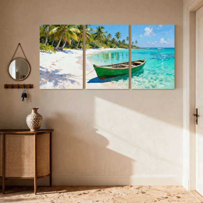Nautique et plage, plage tropicale, bateau, palmiers, eau claire, ensemble de 3 toiles murales, L 18 po x l 36 po
