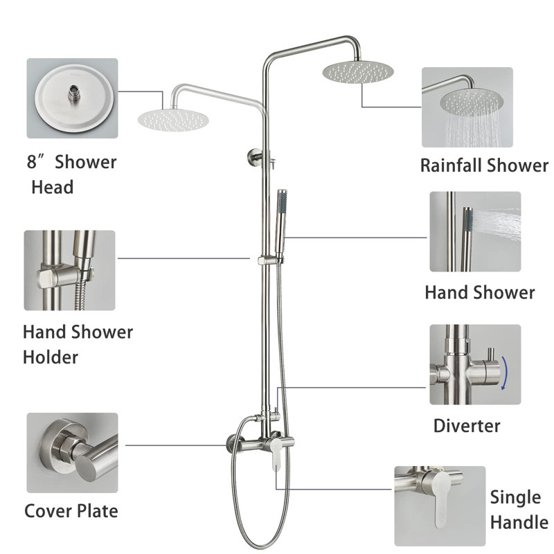 8" Rain Shower System with Handheld, Outdoor Wall Mount Shower Kit