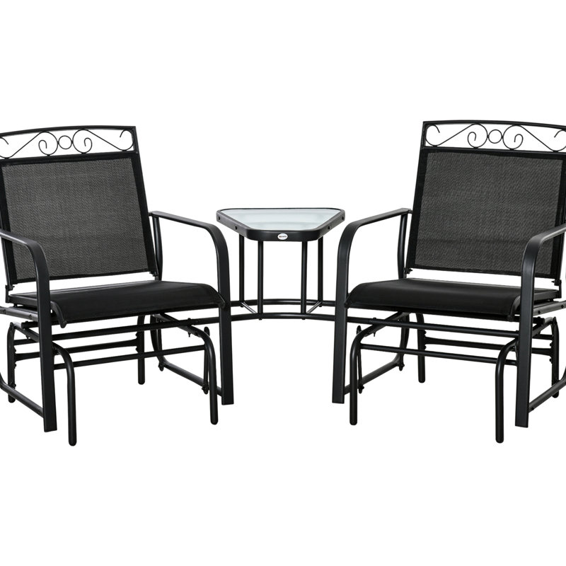 Fauteuil oscillant de véranda avec table basse - 2 balançoires en tissu respirant, balançoire de patio noir, toile de ventilation, style