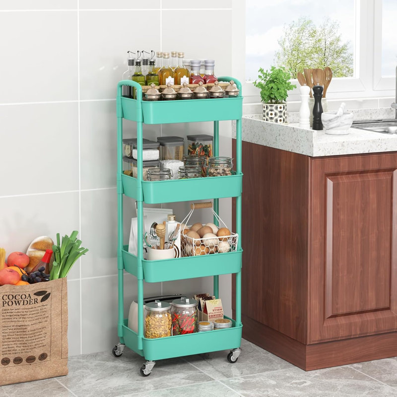 4-Tier Plastic Rolling Utility Cart with Handle, Multi-Functional Storage Trolley, Living Room, Kitchen, Movable Storage Organizer with Wheels