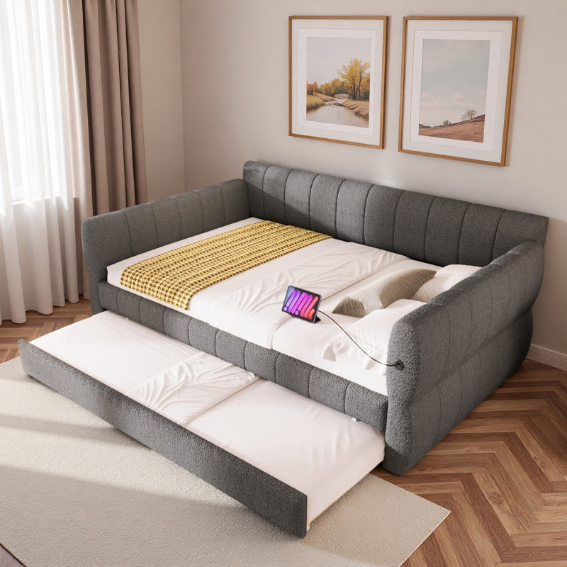 Upholstered Daybed With Usb And Trundle, Gray