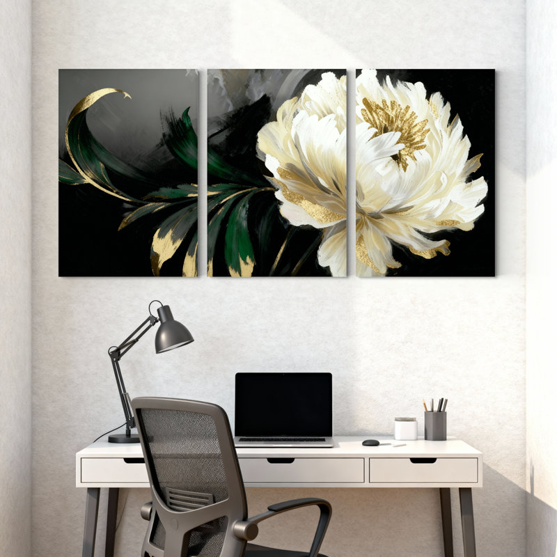 Pivoine fleur blanche avec accents dorés sur fond noir, ensemble de 3 impressions sur toile, H 24 po x l 48 po