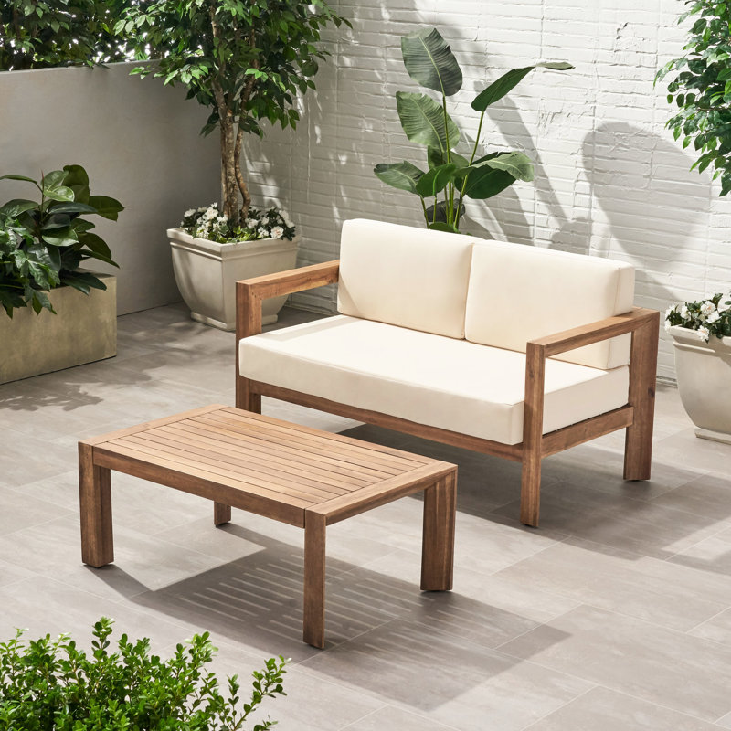 Table basse en bois et bois, coussins, dossier ouvert avec lattes, aspect beige et brun: table confortable, - +