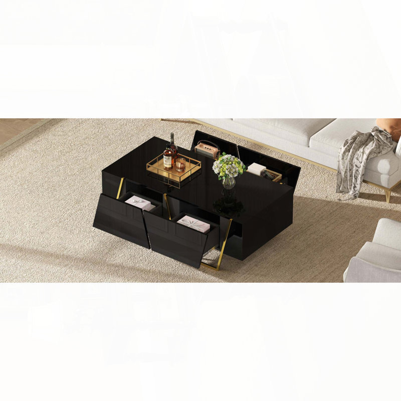 Table basse rectangulaire rectangulaire à 4 tiroirs et base dorée - noir, 47,2 po