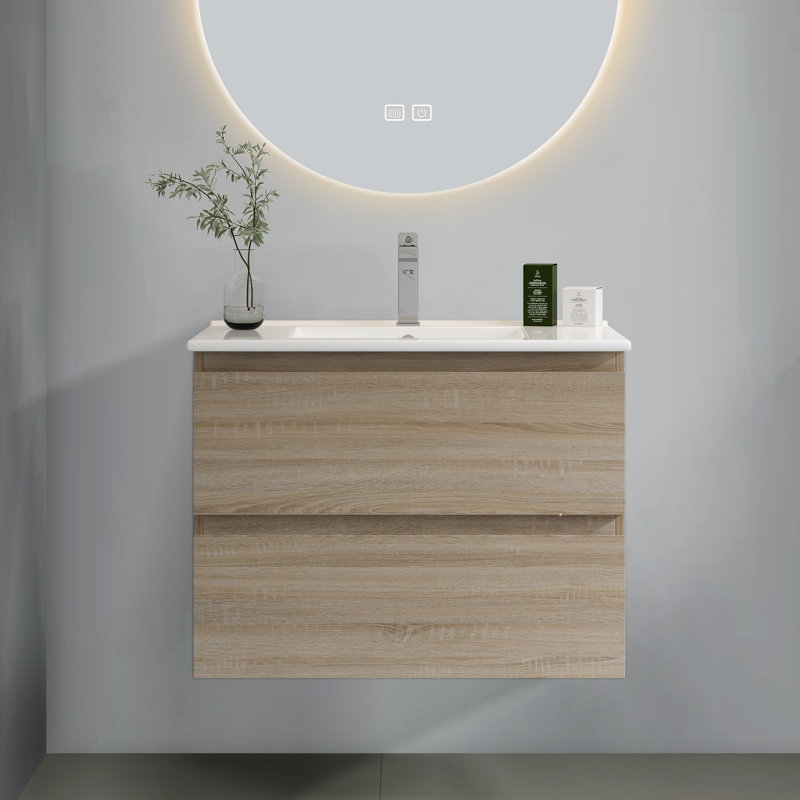 Meuble-lavabo simple 24 po avec comptoir en céramique 24 po, Blanc, Chêne clair