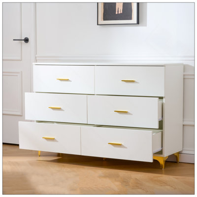 Six Drawers, Golden Straight Aluminum Handle, Golden Triangle Legs, White Locker