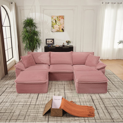 U-Shaped Sleeper Sofa 113" Fabric Pink No Assembly Required, with Movable Ottoman