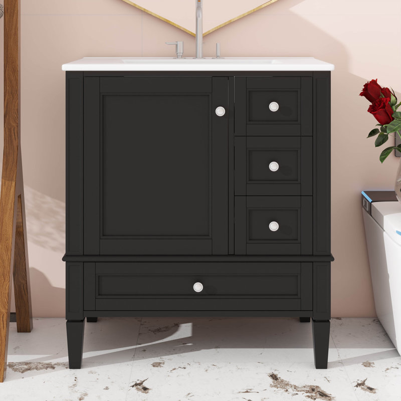 Meuble-lavabo 30 po avec lavabo en céramique, unité avec 3 tiroirs, Noir