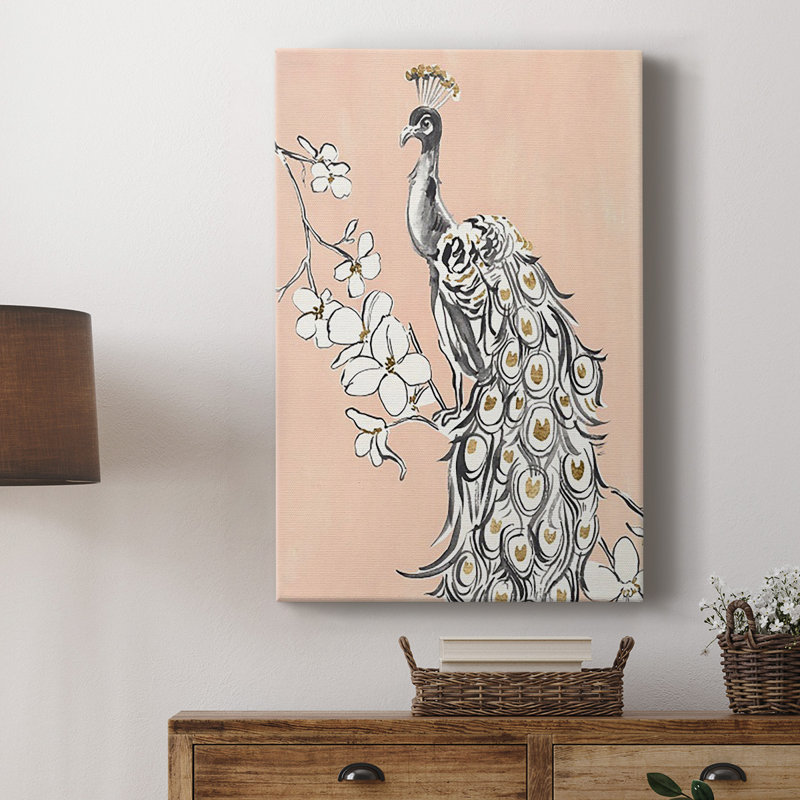 Peacock In Gold II, toile tendue avec châssis de qualité supérieure - prête à être accrochée, H 60 po x l 40 po x P 1 po