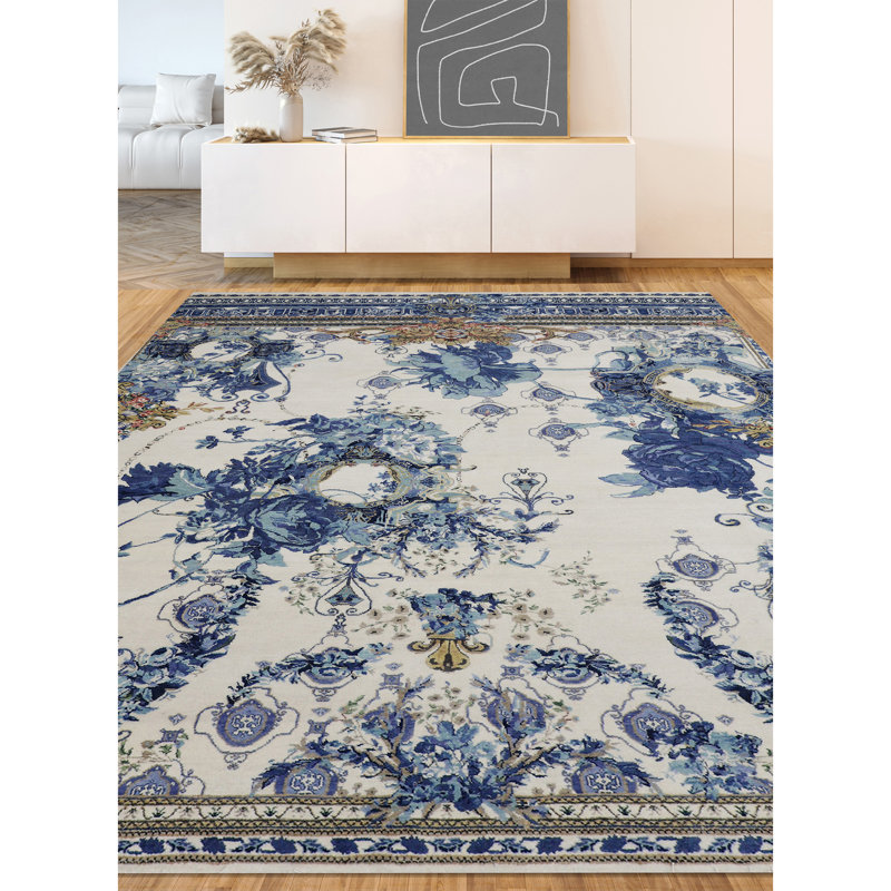 Walton Floral Area Rug in Ivory/Marine Blue, Rectangle 10' x 14'
