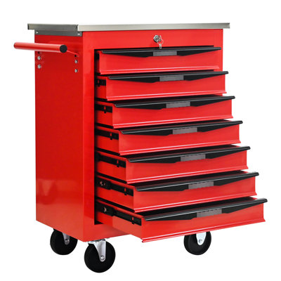 Red&Black 7 Drawers Rolling Tool Cart With Wheels And Stainless Steel Roof For Garage Warehouse, 4 Universal Locking Mechanism, Pull Handle, Bearing Drawer Slides Multifunctional - Workshop, Color,