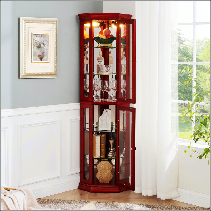 Lighted Corner Curio Cabinet With Tempered Glass Doors, Adjustable Shelves, And Included Bead Bulb - Ideal For Home Decor