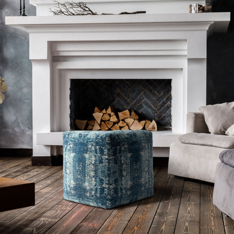 Mathyas Modern Abstract Square Upholstered Ottoman Pouf, Blue