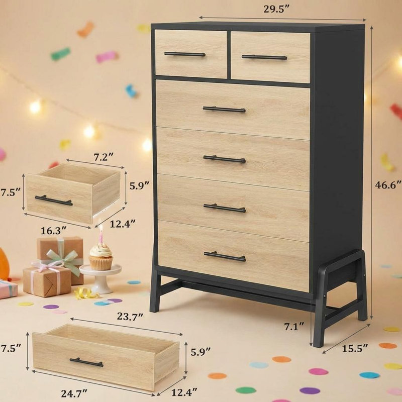 74.9cm W 6 - Drawer Chest of Drawers, Black/Tan