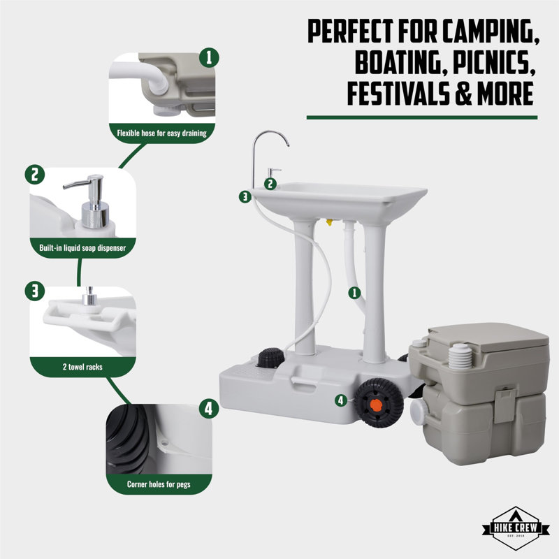 Lavabo de camping portable Hike Crew XL - Toilette d'extérieur 8 To avec toilette