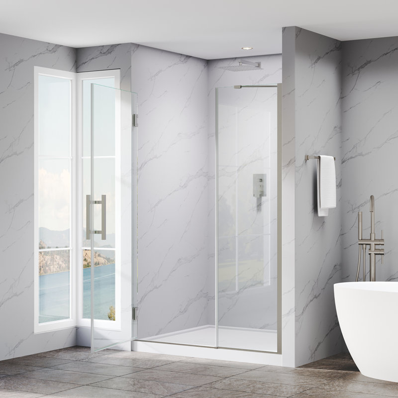 Porte de douche sans cadre à charnières avec paroi de douche fixe en verre trempé transparent SGCC de 9,5 mm (3/8 po), nickel brossé, dimensions : 124-127 cm (49-50 po) de largeur x 183 cm (72 po) de hauteur
