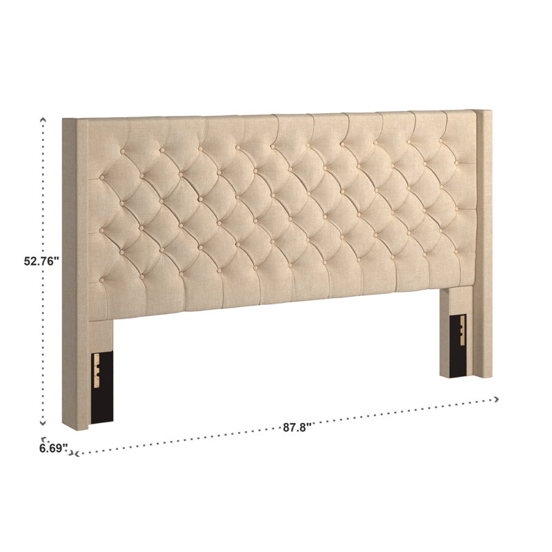 Tête de lit tapissier à oreilles Kaster, Très grand lit Eastern, Lin beige chiné