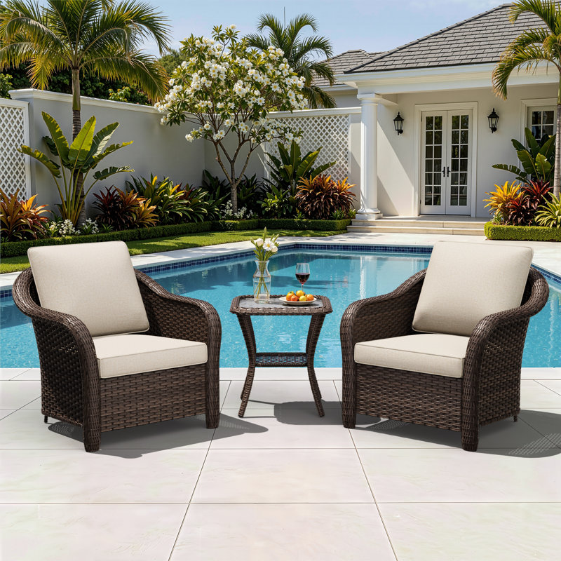Ensemble de conversation de patio en osier 3 pièces 3 pièces avec coussins en oléfine beige et 2 fauteuils d'extérieur fixes