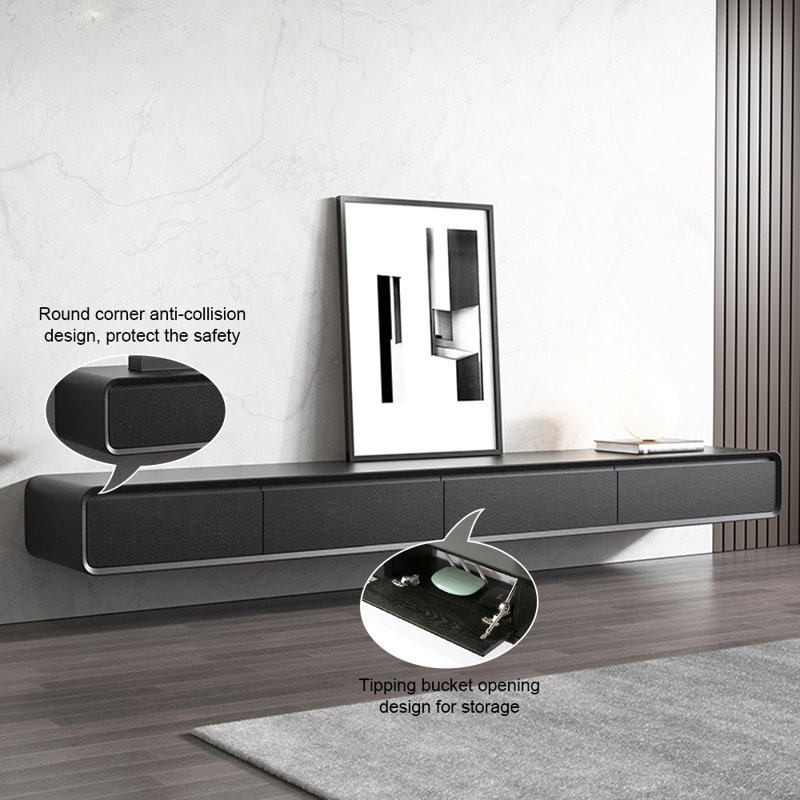 Blosse Floating TV Stand, Entertainment Centre with 3 Drawers, Solid Wood, Fully-Assembled, 9.84"H x 78.74"L x 14.59"W, Black