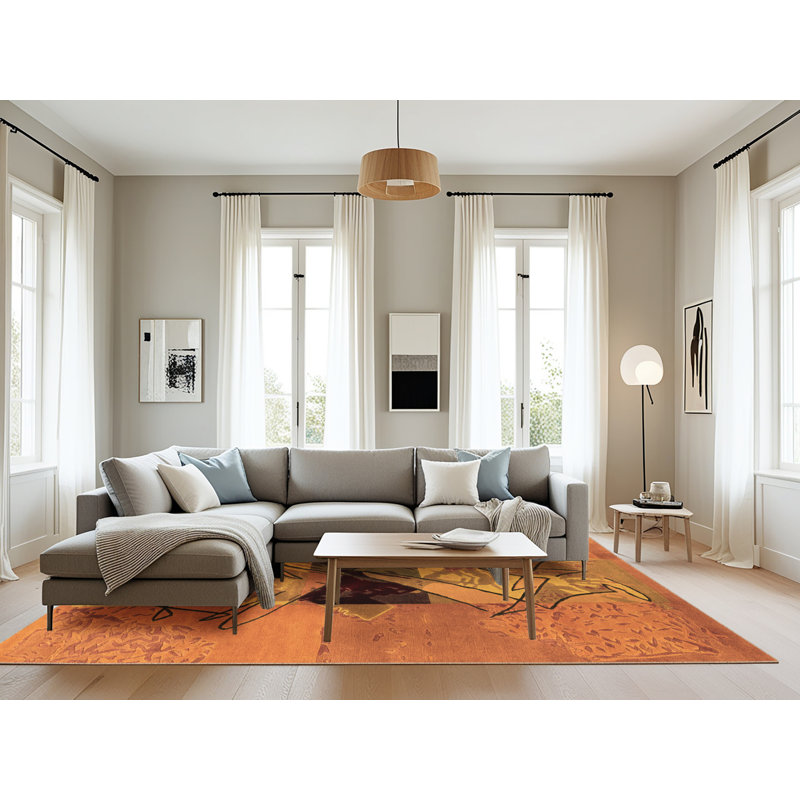 Tapis orange / orange en laine tissé à la machine Aculina, Rectangle 8 pi x 10 pi