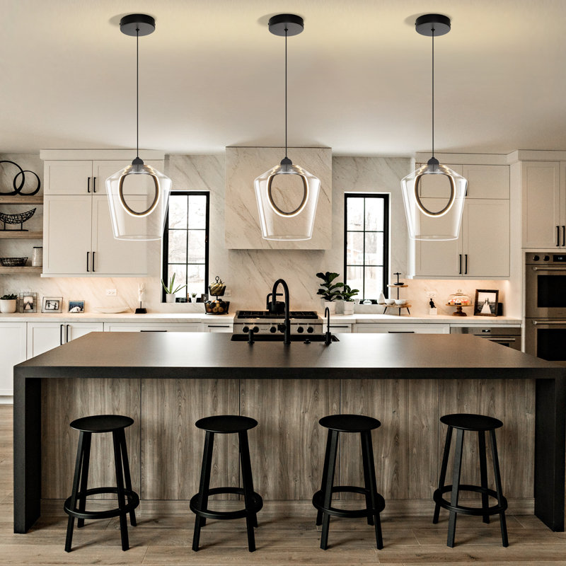 Luminaire suspendu moderne à 1 lumière à DEL simple noir mat avec abat-jour en verre transparent de 8,11 po