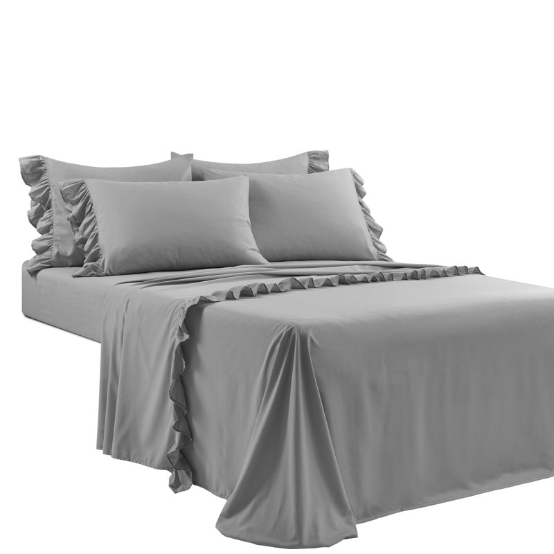Ensemble de draps en microfibre Reyna Ruffle, Ensemble de draps pour taille de lit double avec d, Gris foncé