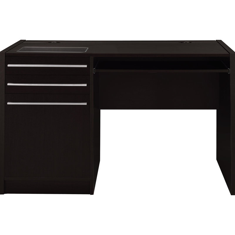 Bureau moderne avec deux tiroirs, un insert transparent et une prise de courant intégrée