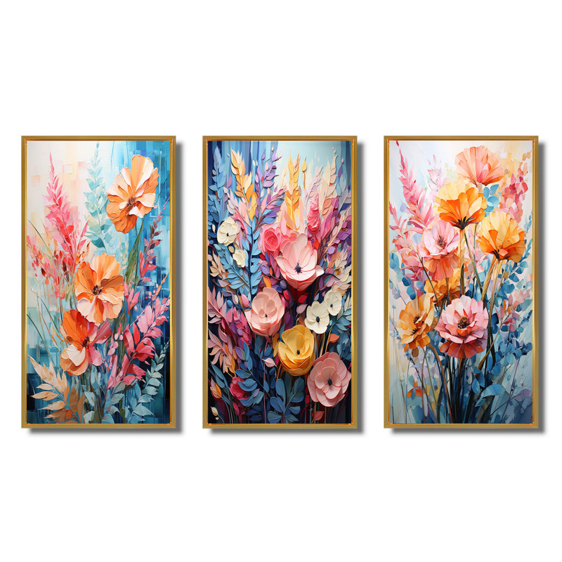 "Collage de fougères multicolores VI", 3 pièces sur toile, Encadrement doré, H 40 po x l 60 po
