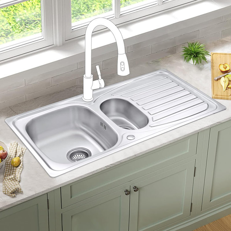 Belfry Kitchen Neely 500mm W Double Bowl Stainless Steel Kitchen Sink with 2 Faucet Holes