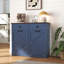 Armoire à ordures inclinable bleue pour bacs de 2 x 10 gallons, buanderie stable et peu encombrante, style porte de grange avec plateau de table imperméable à finition élégante, tiroirs de rangement à charnières lisses