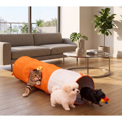 Large Orange Collapsible Cat Tunnel with Crinkle Sound & Balls, Durable, for Adult Cats & Kittens