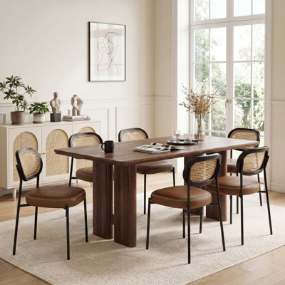 Mid Century Modern Faux Leather Upholstered Dining Side Chairs With Curved Rattan Back,Camel