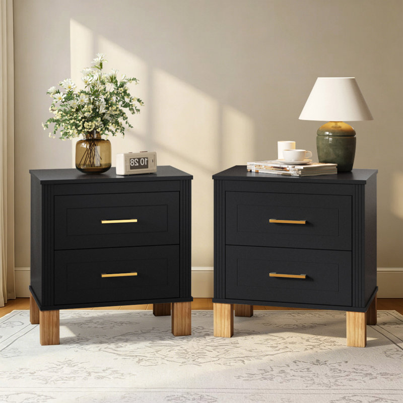 Table de chevet 2 tiroirs Traditional avec pieds en bois massif (ensemble de 2), Black, Set of 2