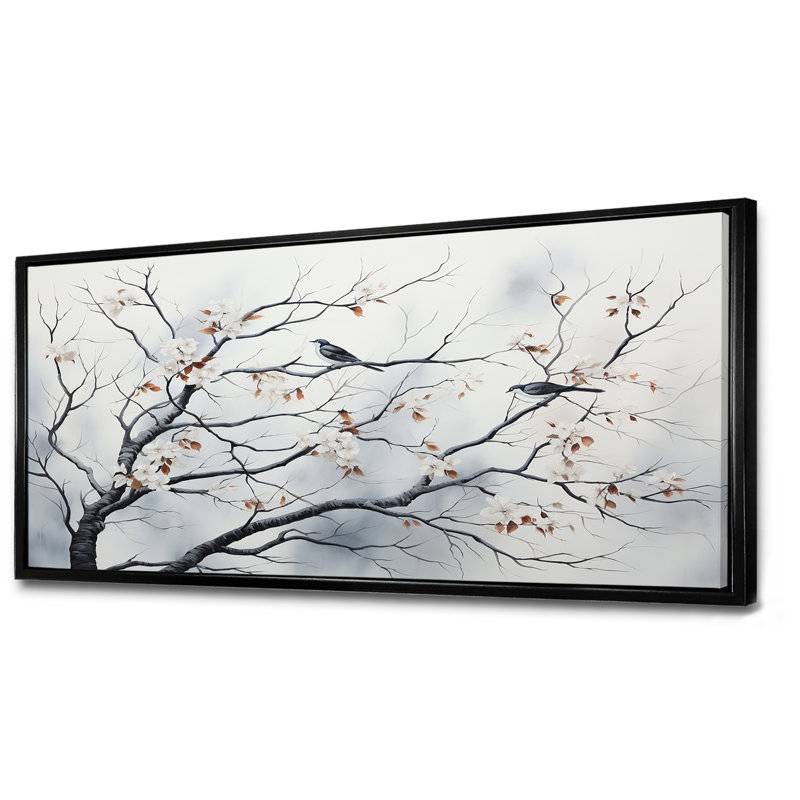 Gris floral Sprintime, oiseaux, art mural, Cadre flottant noir, H 28 po x l 60 po x P 1,5 po