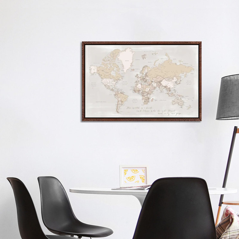 Rustic Detailed World Map The World Is A Book 1 Piece Floater Frame Wall Art on Canvas, 66.04 cm H x 101.6 cm W, Brown