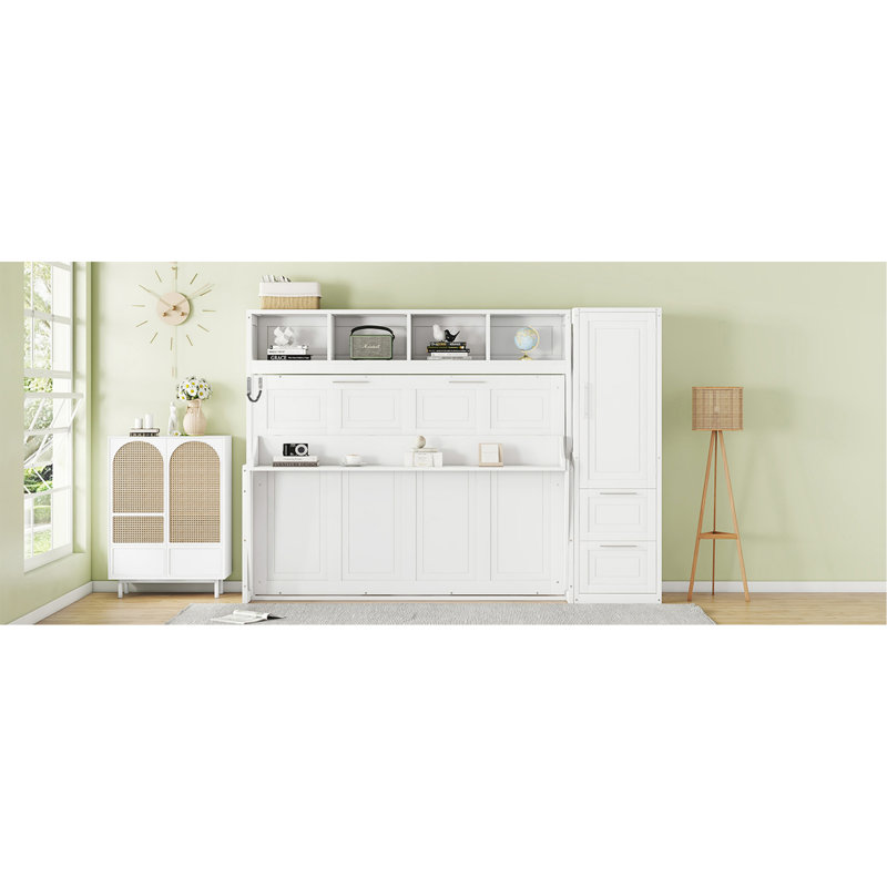 Lit escamotable double pleine grandeur avec placard et tiroirs, blanc, Lit double