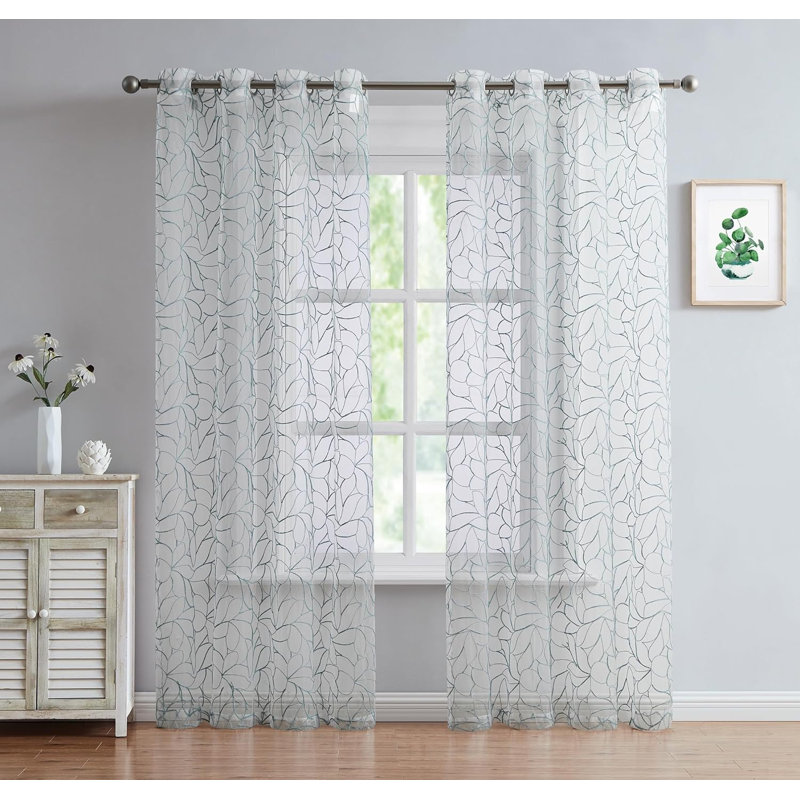 Chic rideaux transparents avec de belles broderies Boho, Bleu, L 54 po x L 96 po