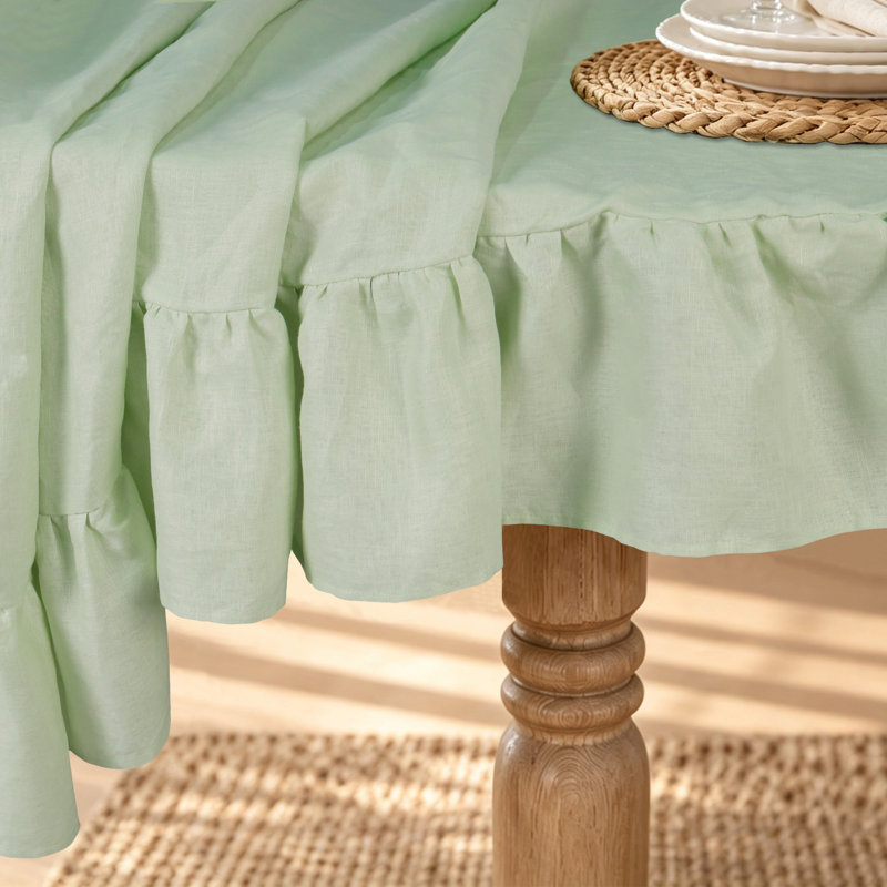 100% Linen Solid Tablecloth with Ruffle Edge, Green
