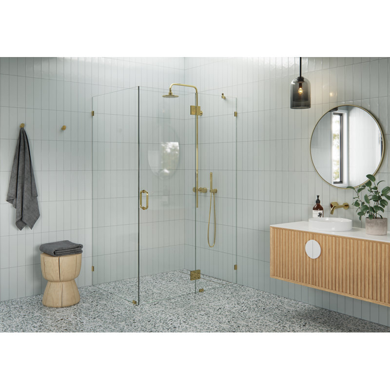 Halo 48 in. x 36 in. x 78 in. 90-degree Fully Frameless Glass Hinged Shower Enclosure, Polished Brass