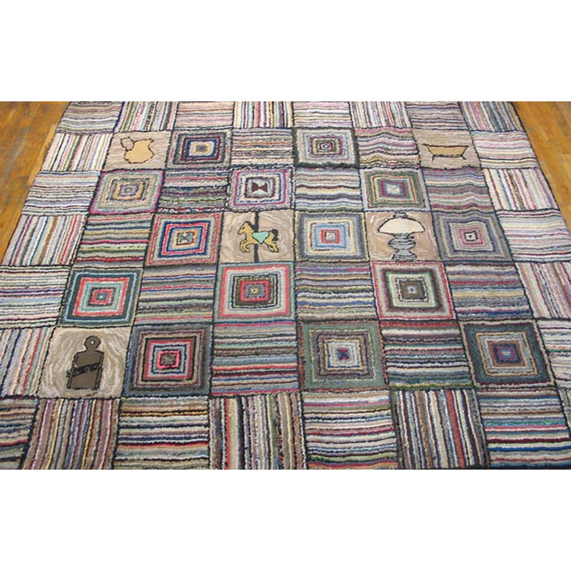 Square Antique Rare Basket Weave And Log Cabin Design American Folk Art Hooked Rug