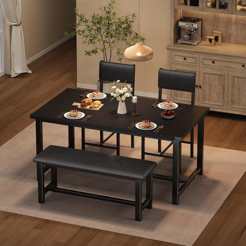 Small Space Wooden Dining Table Set for 4, Kitchen Table and 2 Upholstered Chairs w/Bench, Rectangular Dining Room Set
