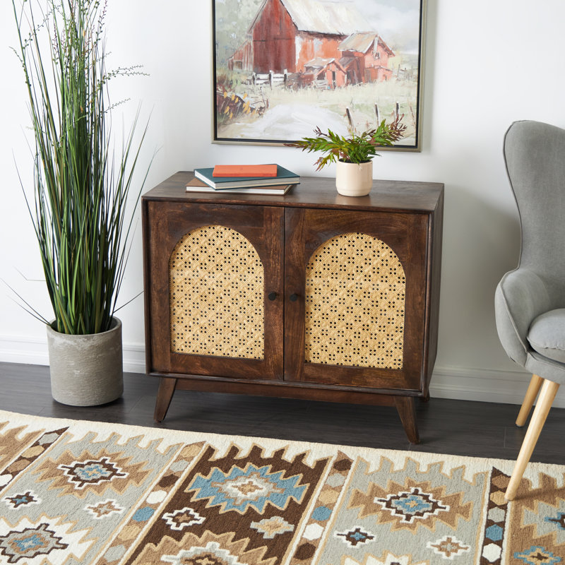 Armoire 2 pièces en bois de manguier brun avec façade en rotin et boutons noirs