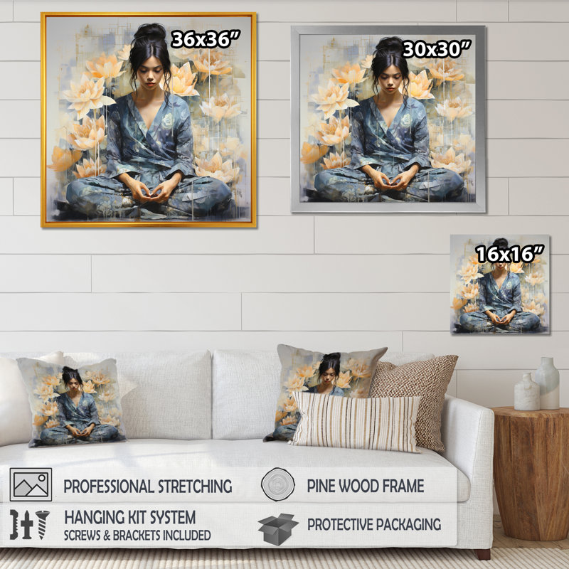 Lotus Calm Reflections Woman In Lotus Pose III - Art mural méditation, Cadre flottant brun, H 30 po x l 30 po x P 1,5 po