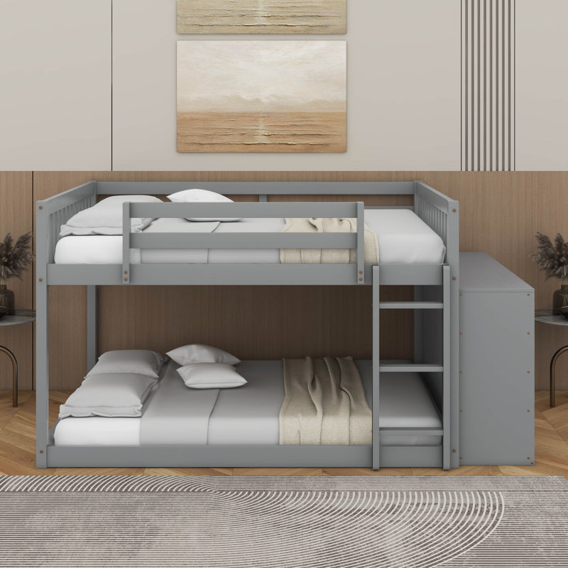 Lit double superposé au dessus d'un lit double avec tiroirs et 3 tablettes, Gris