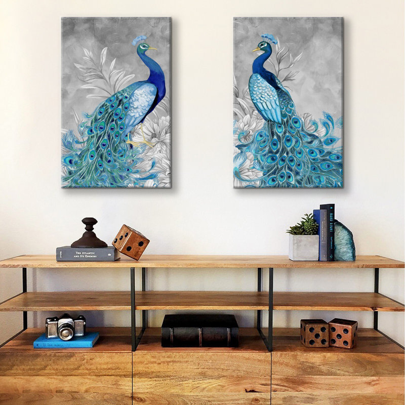 «Blue Peacock Elegant», reproduction sur toile 2 pièces, H 24 po x l 36 po