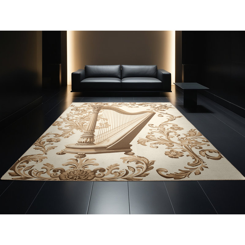 Soft Plush Mondale Harp Classic Damask Area Rug in Beige – Beige Binding, 2x5