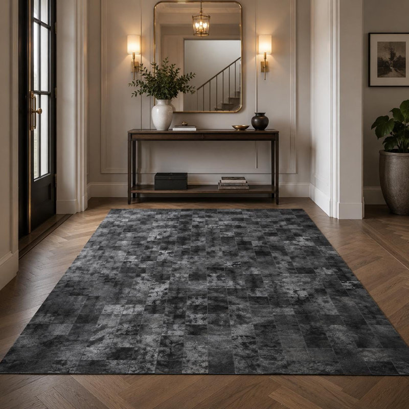 Tapis patchwork en cuir de vache noir fait à la main, tapis moderne en cuir, 3 x 5 pi