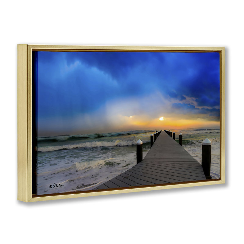 Sun Breaking Over Sea Pier Floating Frame, design by Eszra Tanner, 21 x 31, Metallic Gold Floater Framed